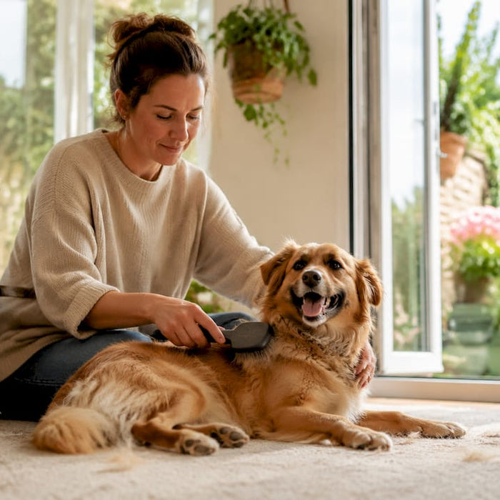 En kvinde sidder derhjemme og børster sin hunds pels