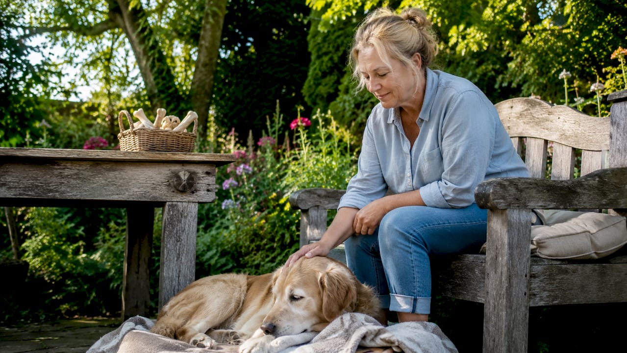 En kvinde sidder derhjemme og kæler for sin rolige hund, som ligger trygt i sin beroligende hundeseng.