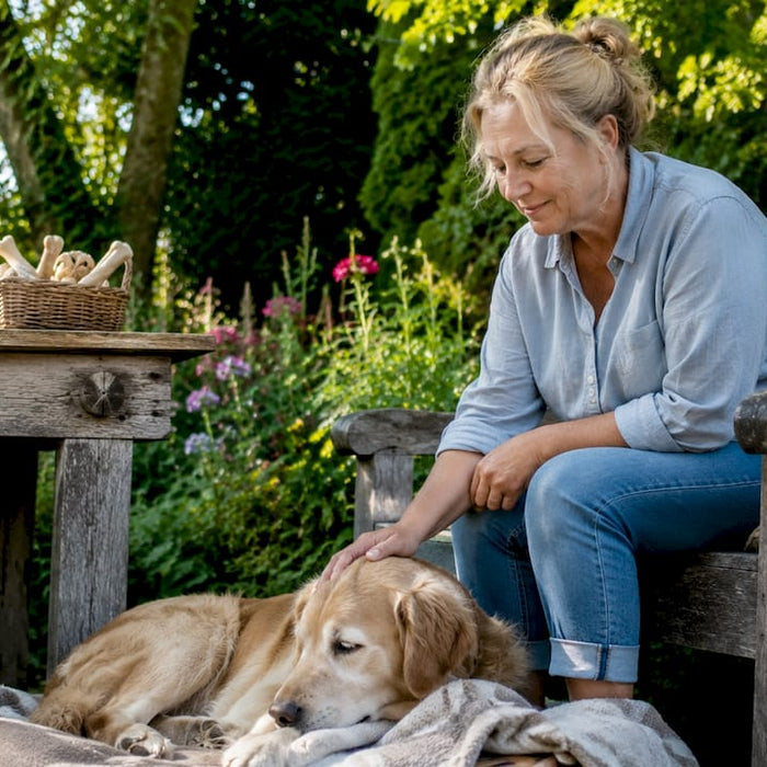 En kvinde sidder derhjemme og kæler for sin rolige hund, som ligger trygt i sin beroligende hundeseng.