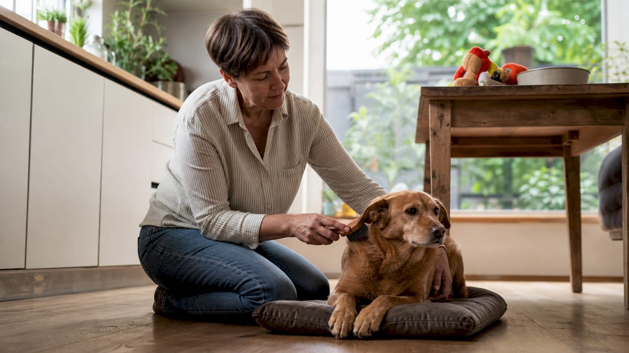 En kvinde sidder derhjemme og børster sin hund