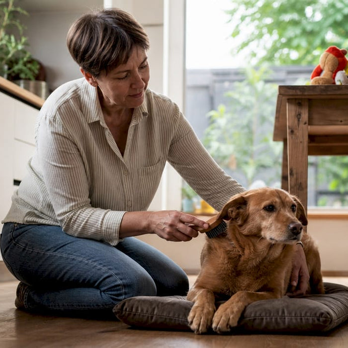 En kvinde sidder derhjemme og børster sin hund