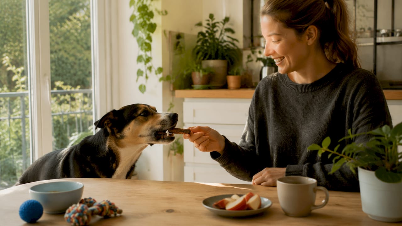 En kvinde forkæler sin hund med en sund snack indenfor