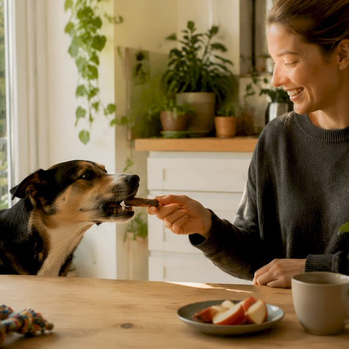 En kvinde forkæler sin hund med en sund snack indenfor