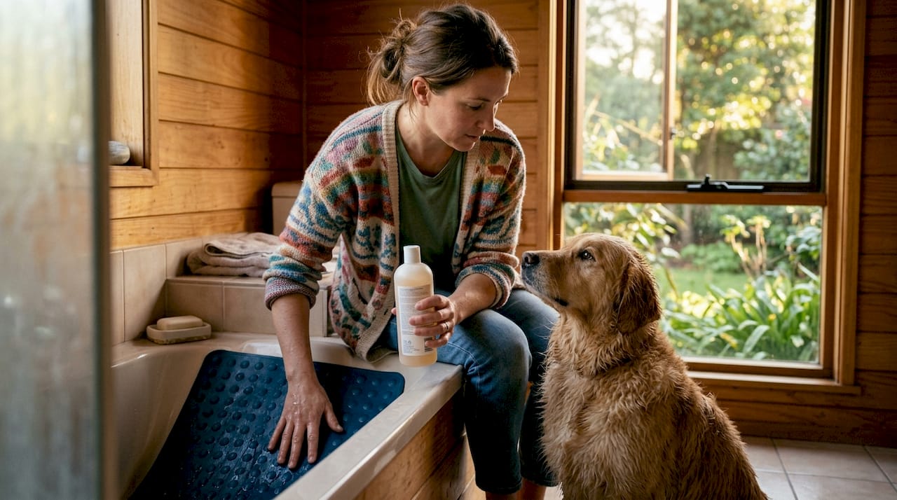 En kvinde gør klar til at bade sin hund og har samlet alt det nødvendige udstyr.