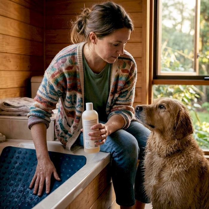En kvinde gør klar til at bade sin hund og har samlet alt det nødvendige udstyr.