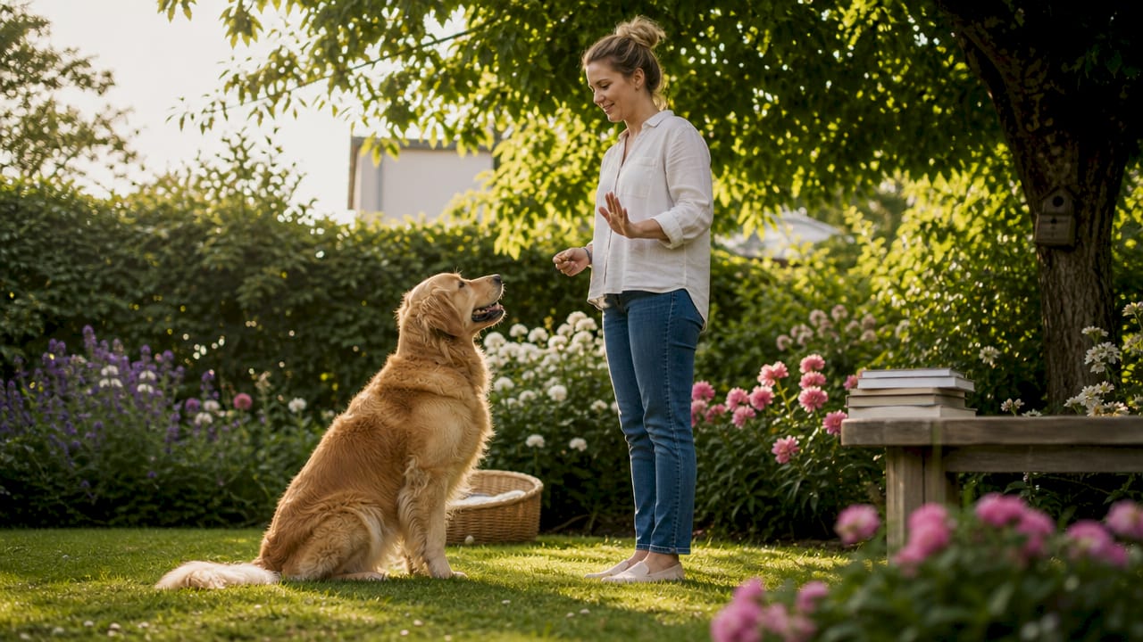 En kvinde er ude i naturen og træner sin golden retriever.
