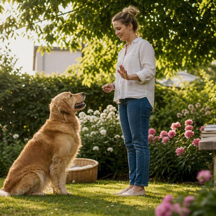 En kvinde er ude i naturen og træner sin golden retriever.