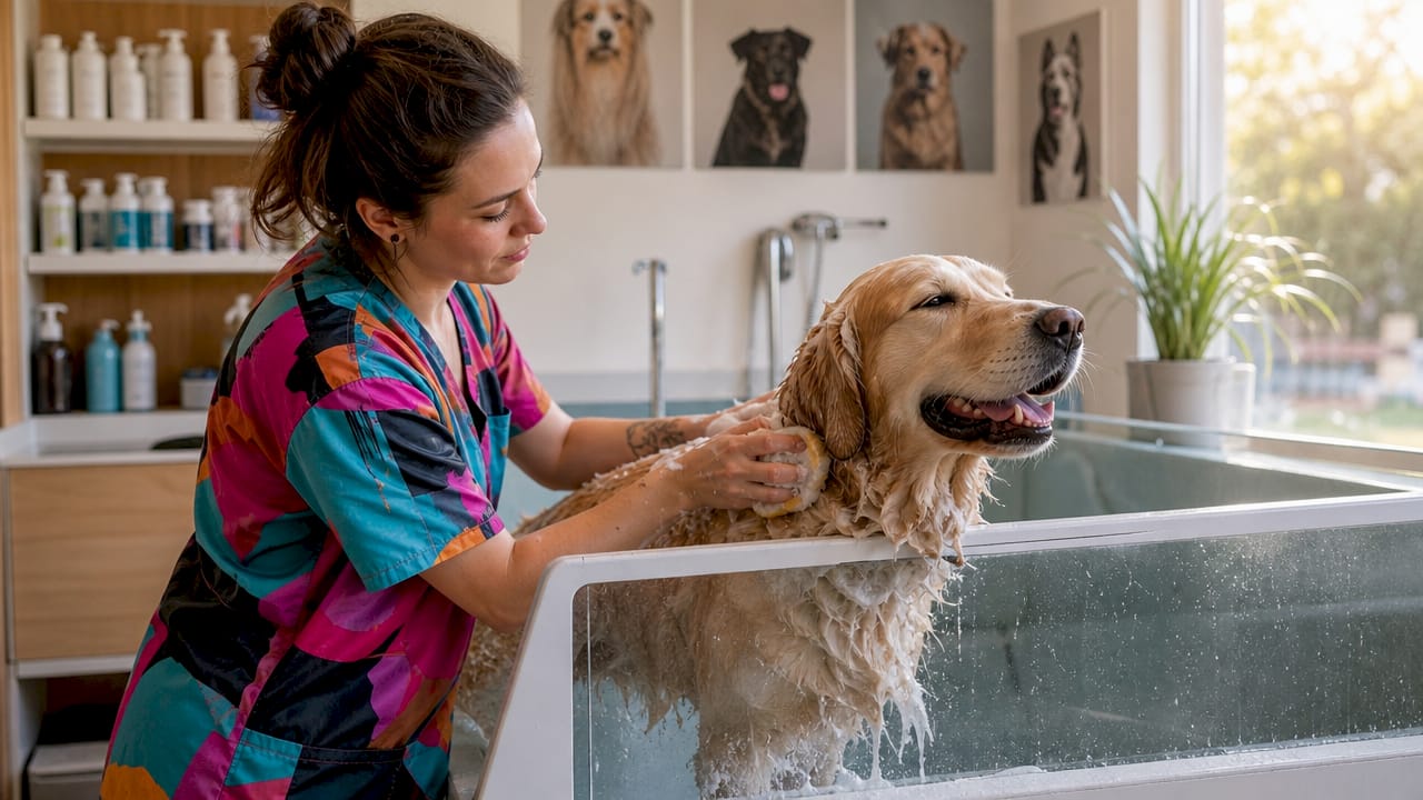 En hundefrisør giver en golden retriever et grundigt bad i salongens badekar.