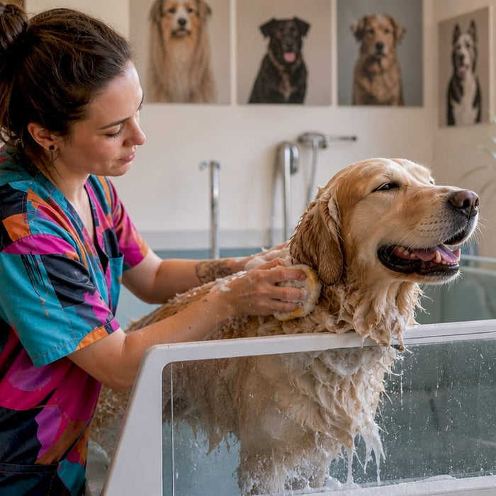 En hundefrisør giver en golden retriever et grundigt bad i salongens badekar.