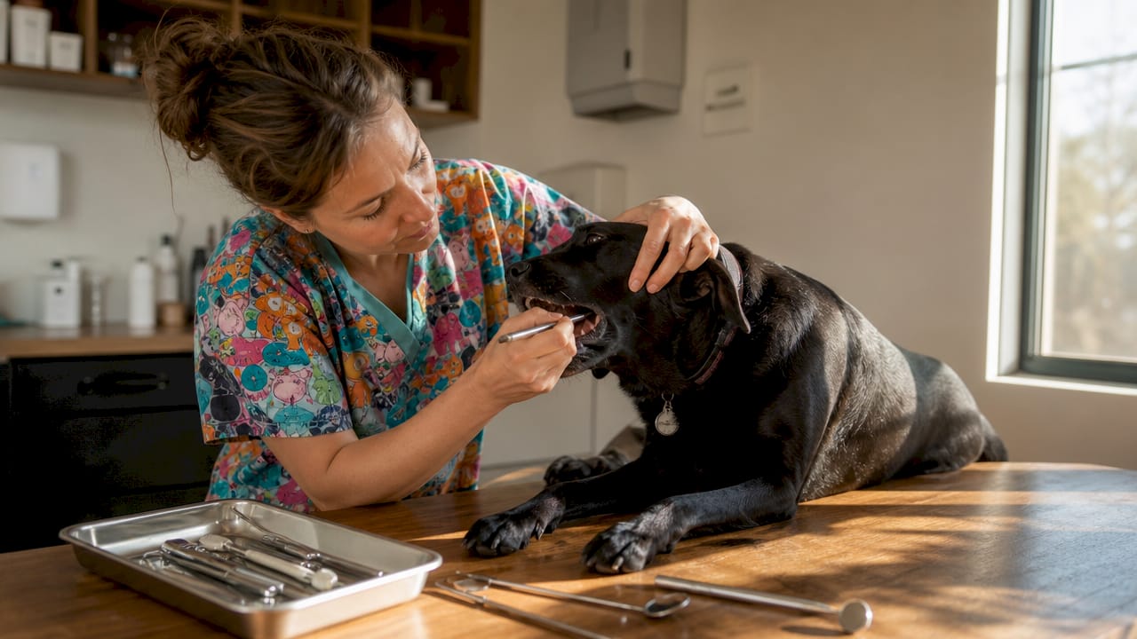 Hund får tjekket bisserne hos dyrlægen