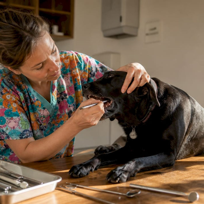 Hund får tjekket bisserne hos dyrlægen
