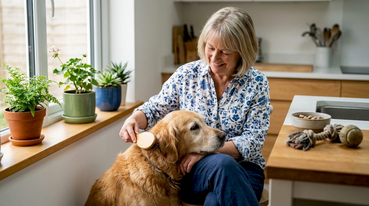 En kvinde sidder indenfor og børster sin gamle hund