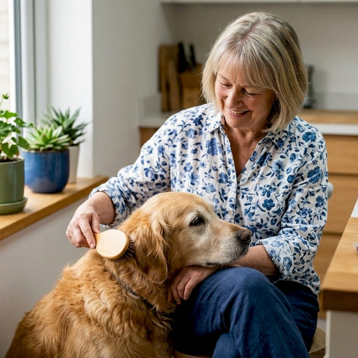 En kvinde sidder indenfor og børster sin gamle hund