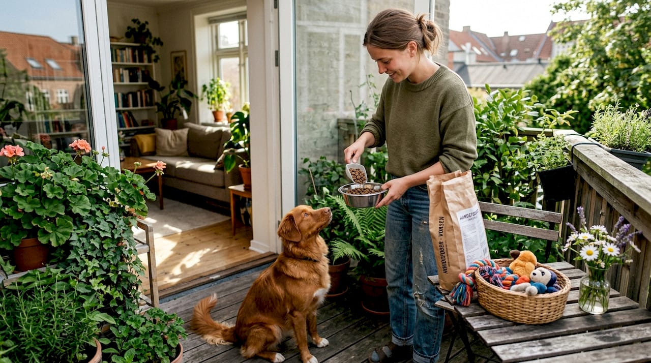 En kvinde står i køkkenet og måler foder op til sin voksne hund.