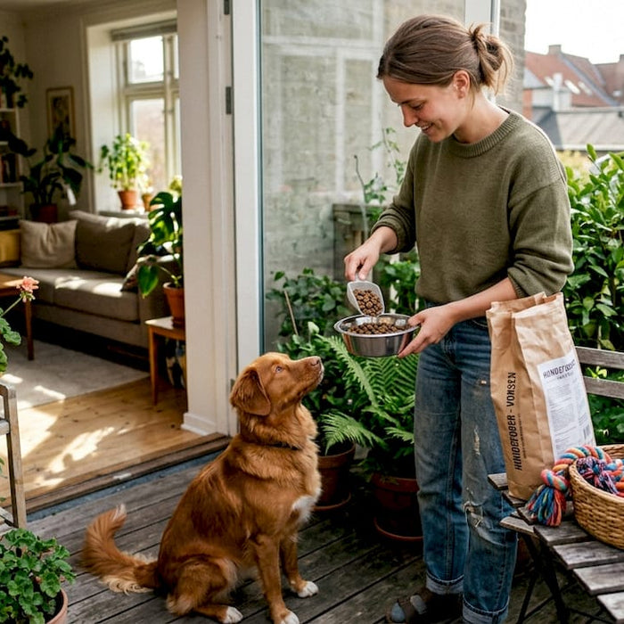 En kvinde står i køkkenet og måler foder op til sin voksne hund.