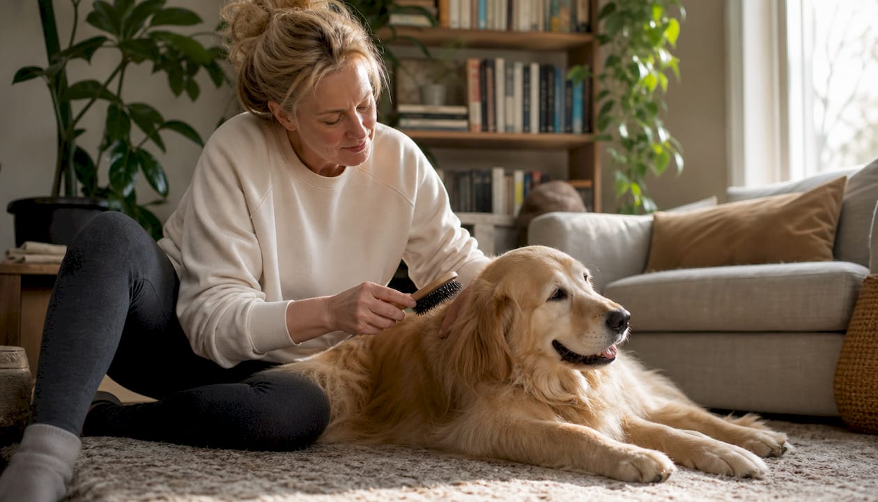 En kvinde sidder indenfor og børster sin golden retriever.