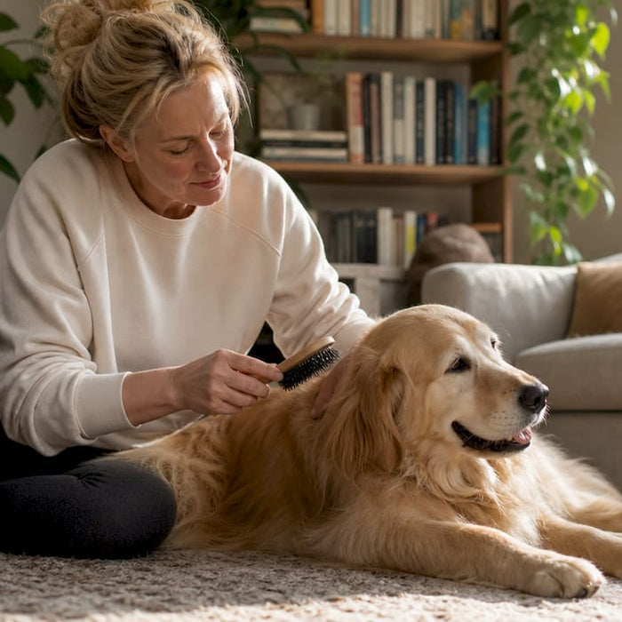 En kvinde sidder indenfor og børster sin golden retriever.