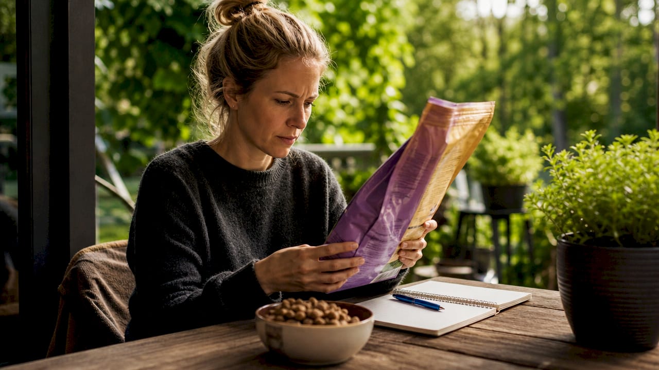 En kvinde står og tjekker ingredienserne på en pose hundemad