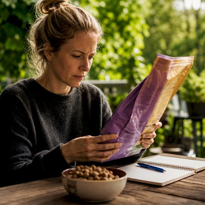 En kvinde står og tjekker ingredienserne på en pose hundemad
