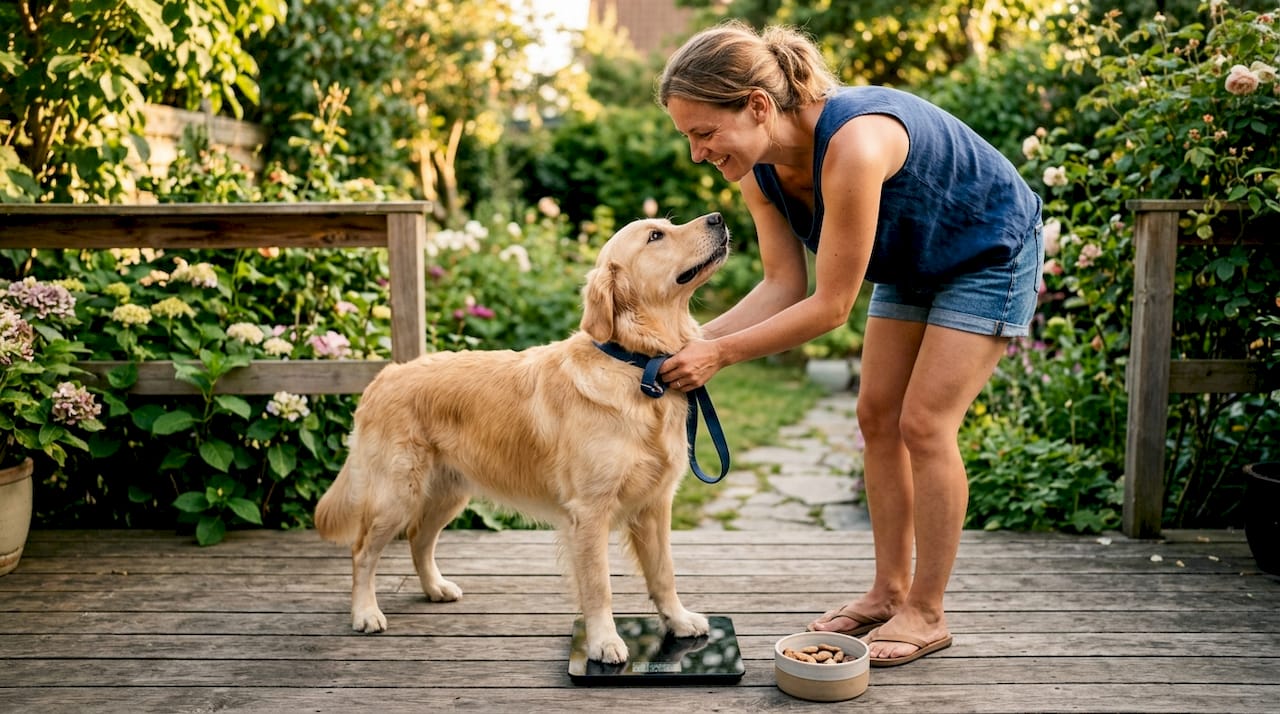 En hundeejer står i sit køkken og vejer sin golden retriever på badevægten.