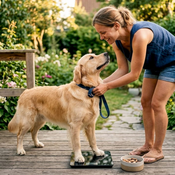 En hundeejer står i sit køkken og vejer sin golden retriever på badevægten.