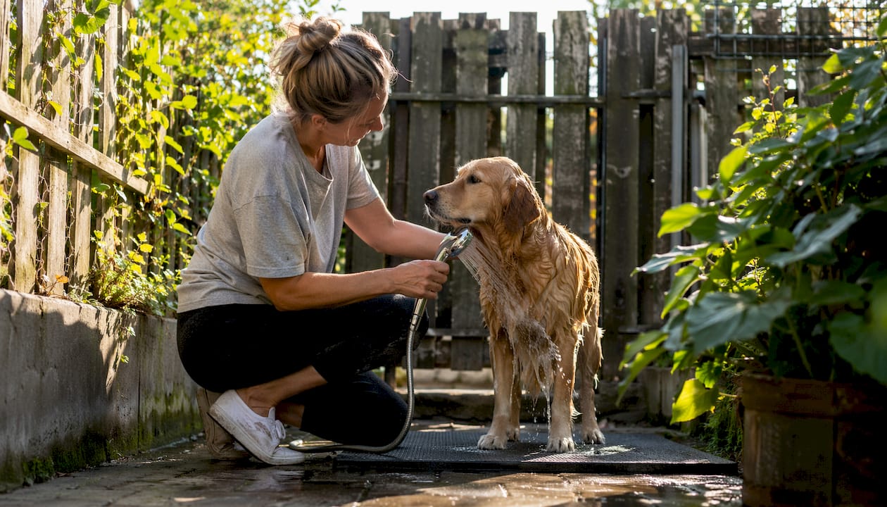 En kvinde giver sin golden retriever et bad hjemme på badeværelset.