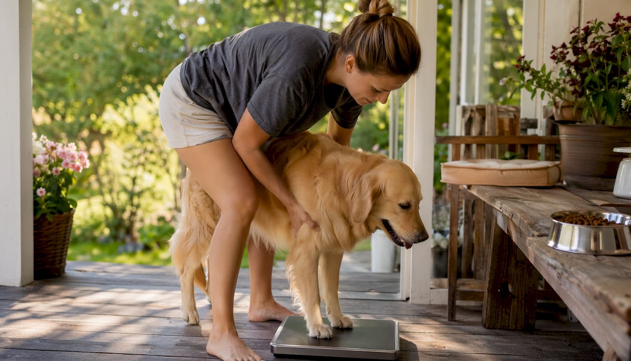 En kvinde står i køkkenet og vejer sin hund på en digital badevægt.