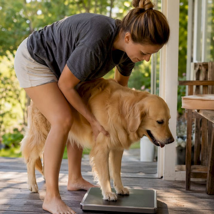 En kvinde står i køkkenet og vejer sin hund på en digital badevægt.
