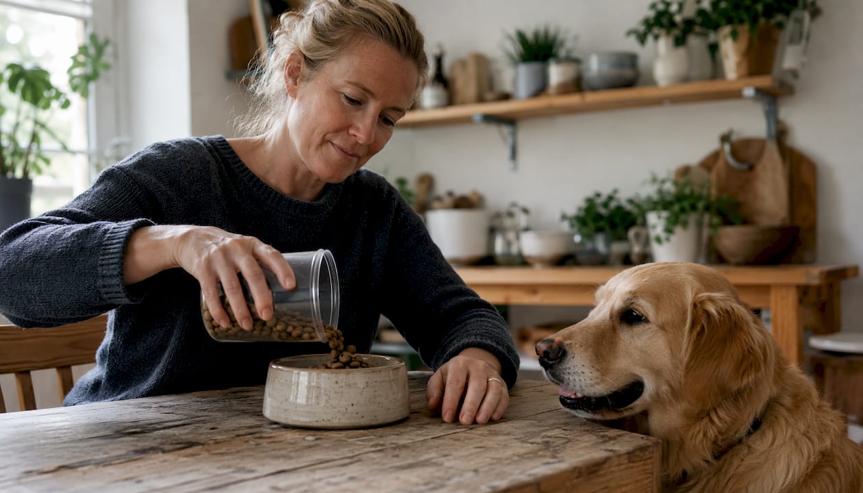 En kvinde giver sin hund mad i en skål med afmålte portioner.