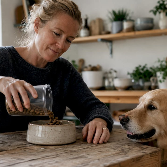 En kvinde giver sin hund mad i en skål med afmålte portioner.