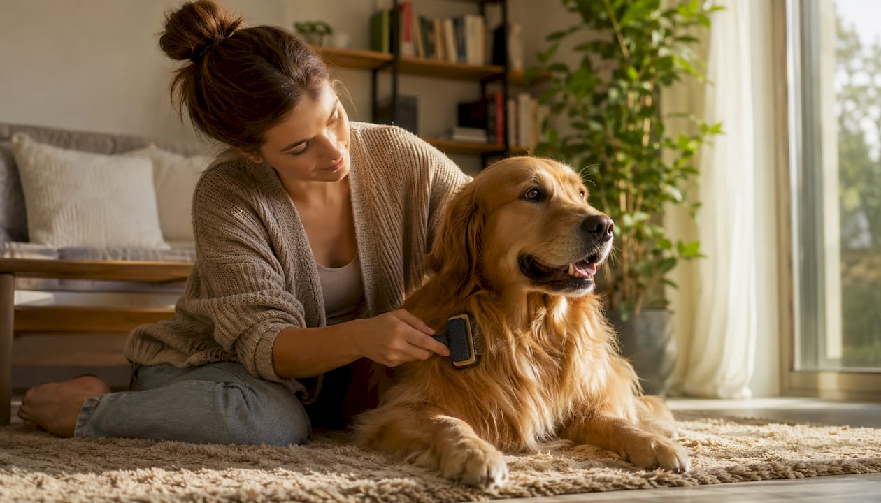En kvinde sidder og børster sin langhårede hund, så pelsen bliver fin og blød.