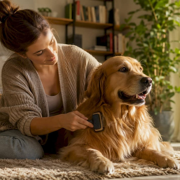 En kvinde sidder og børster sin langhårede hund, så pelsen bliver fin og blød.