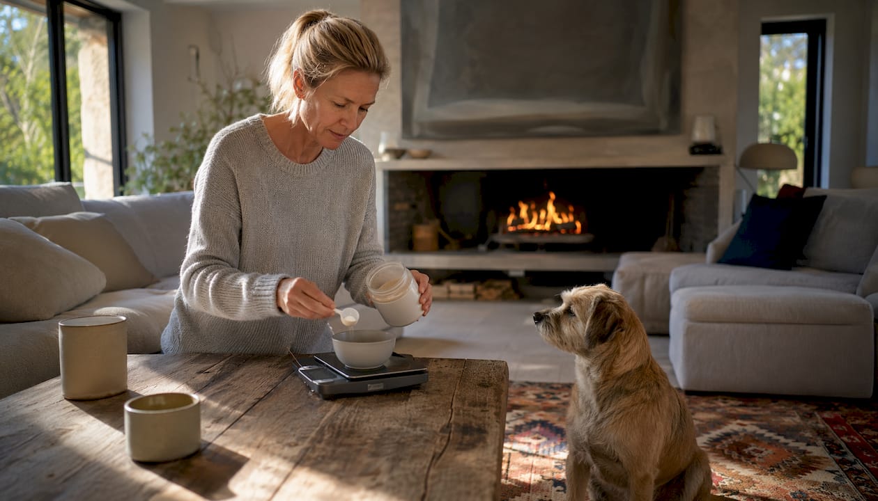 En kvinde står i køkkenet og måler kosttilskud op til sin hund.