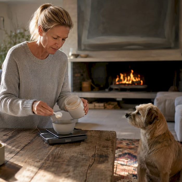 En kvinde står i køkkenet og måler kosttilskud op til sin hund.