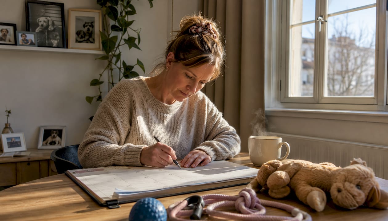 En kvinde sidder ved køkkenbordet og lægger planer for hundens aktiviteter.