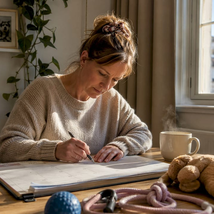En kvinde sidder ved køkkenbordet og lægger planer for hundens aktiviteter.