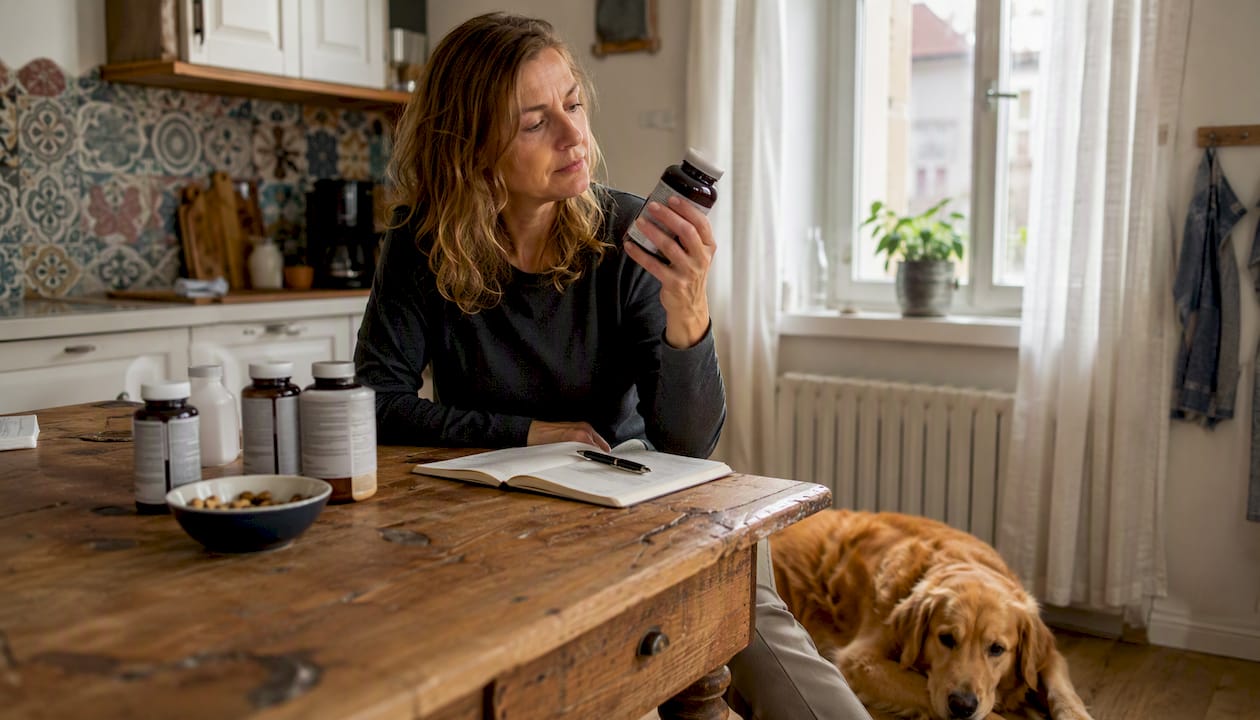 En kvinde sidder ved køkkenbordet og overvejer, hvilke kosttilskud hun skal vælge til sin hund.