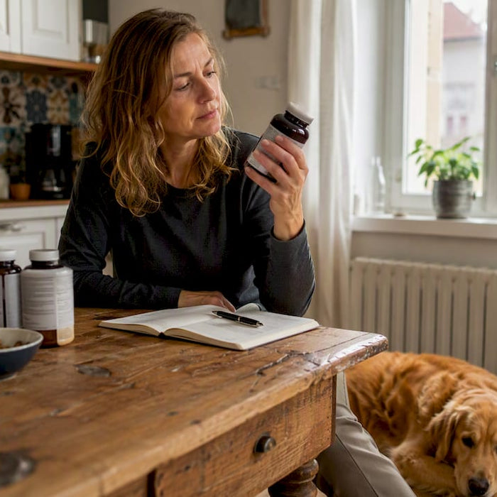 En kvinde sidder ved køkkenbordet og overvejer, hvilke kosttilskud hun skal vælge til sin hund.