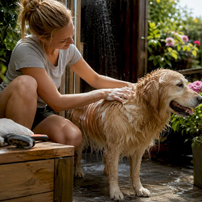En hund bliver vasket og får børstet pelsen