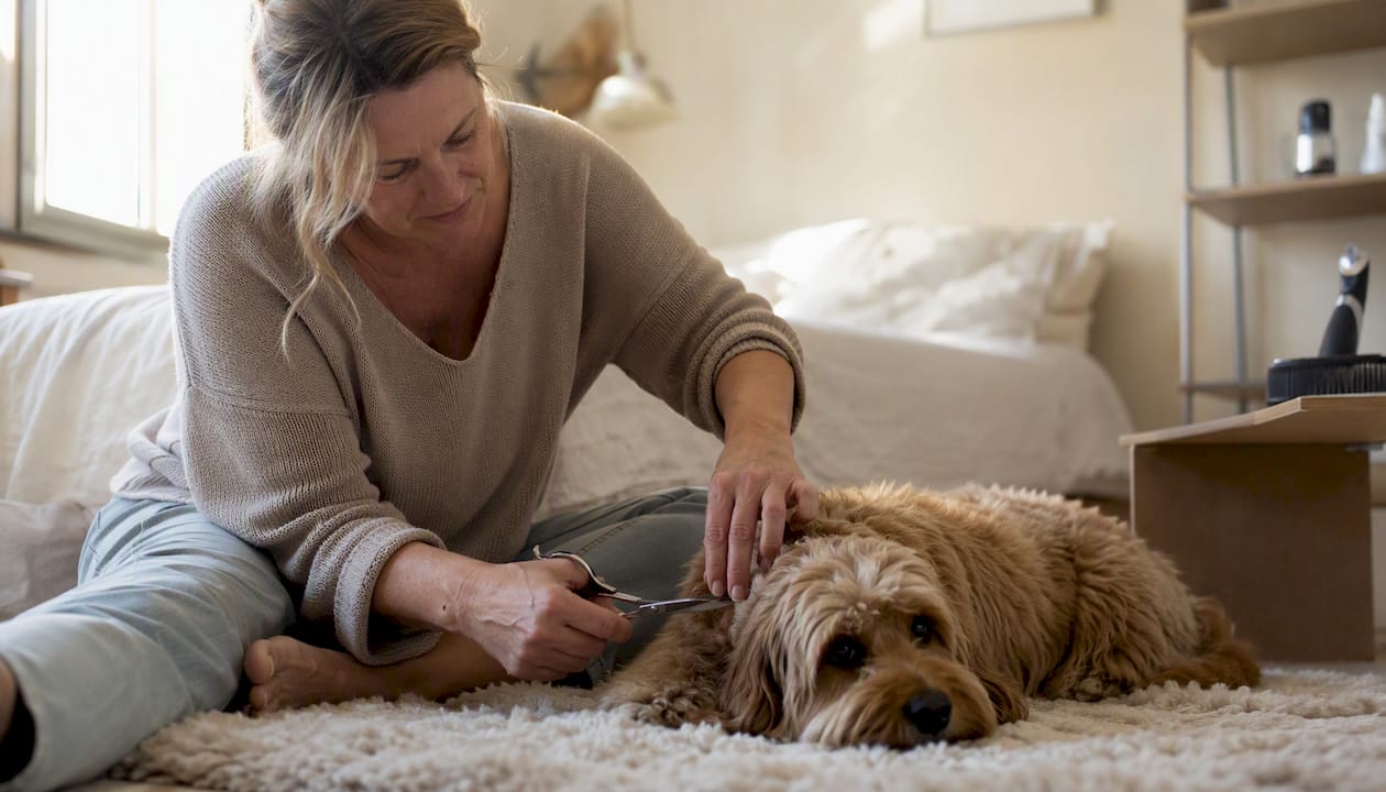 En person sidder indenfor og klipper pelsen på sin hund