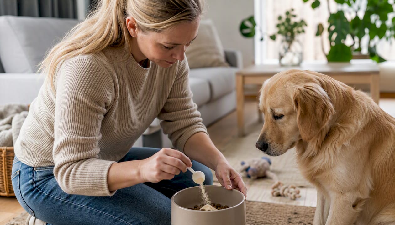 En hund får tilsat kollagen i sin madskål