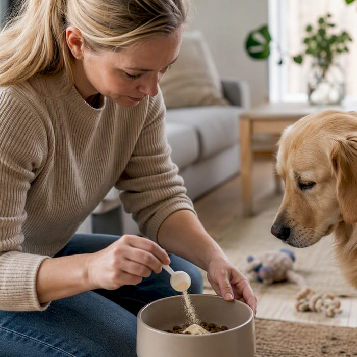 En hund får tilsat kollagen i sin madskål