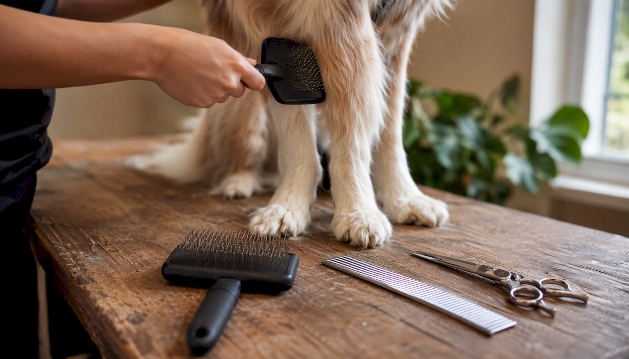 Et par hænder plejer en hunds pels på et bord.