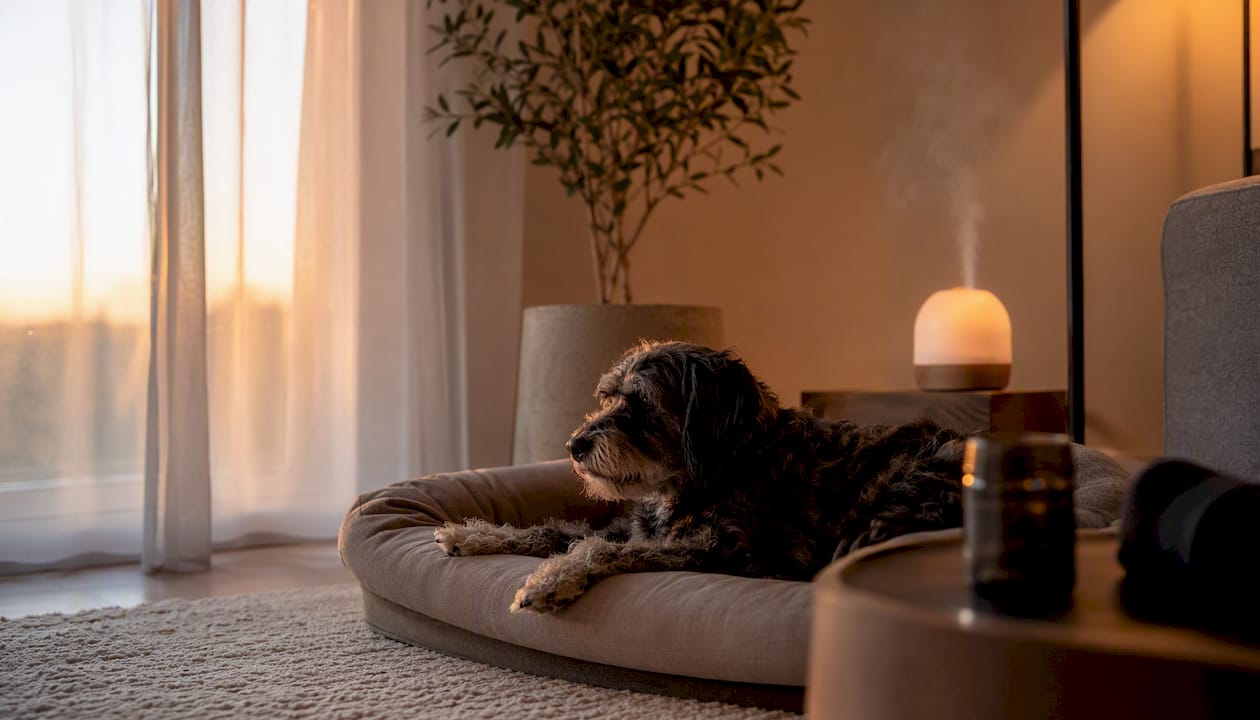 En afslappet hund ligger roligt ved siden af beroligende produkter til kæledyr.