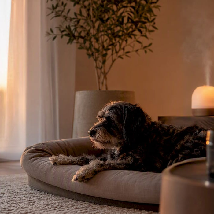 En afslappet hund ligger roligt ved siden af beroligende produkter til kæledyr.