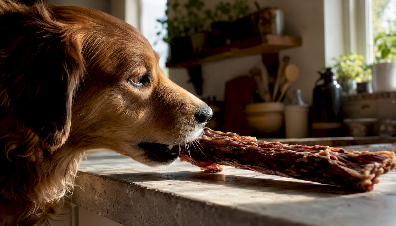 Hund nyder en langsomt tørret kødgodbid