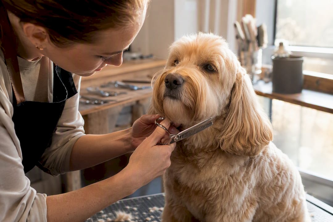 En hundefrisør klipper og plejer hundens pels i salonen.