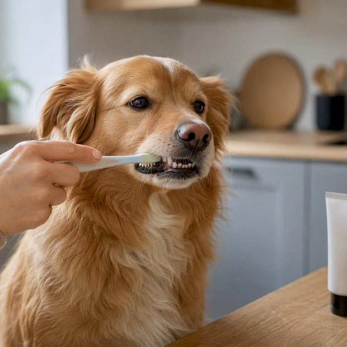 At børste sin hunds tænder derhjemme med en tandbørste