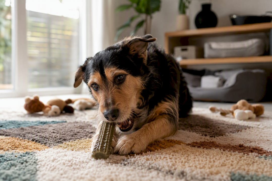 Hund tygger på en tandrensestang indendørs
