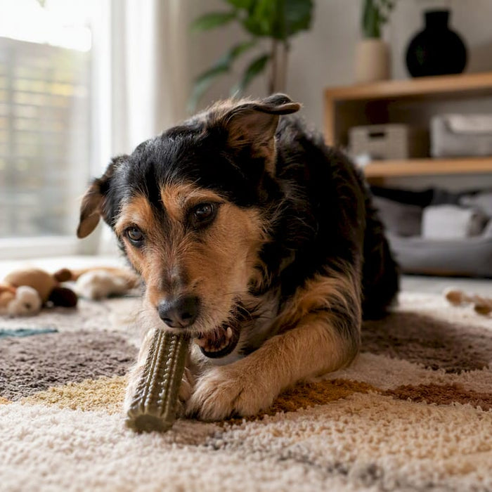 Hund tygger på en tandrensestang indendørs